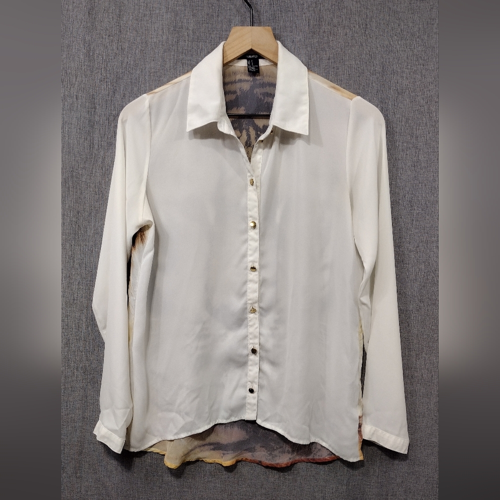 Forever 21 Tiger Print Button-Up Blouse Women's S White Brown Boho Retro Y2K 90s - Picture 2 of 8
